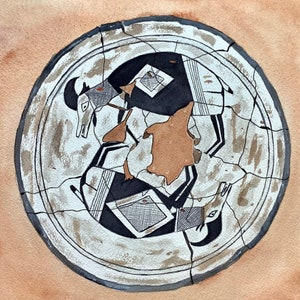 May include: A white ceramic plate with a black and brown design of three stylized animals. The plate is cracked and has a brown background.