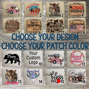 May include: A collage of 16 different designs for patches. The designs include a variety of themes, such as animals, cars, and inspirational quotes. The patches are all made on a burlap background.