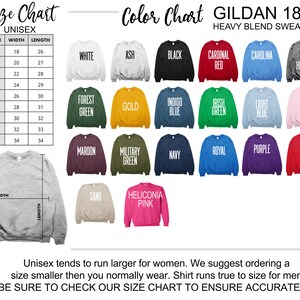 May include: Size chart for Gildan 18000 Heavy Blend Sweatshirt, a unisex sweatshirt available in a variety of colors, including white, ash, black, cardinal red, carolina blue, dark heather, forest green, gold, indigo blue, Irish green, light blue, light pink, maroon, military green, navy, royal blue, purple, red, sand, and heliconia pink. The chart shows the width and length measurements in inches for sizes XS to 5XL.