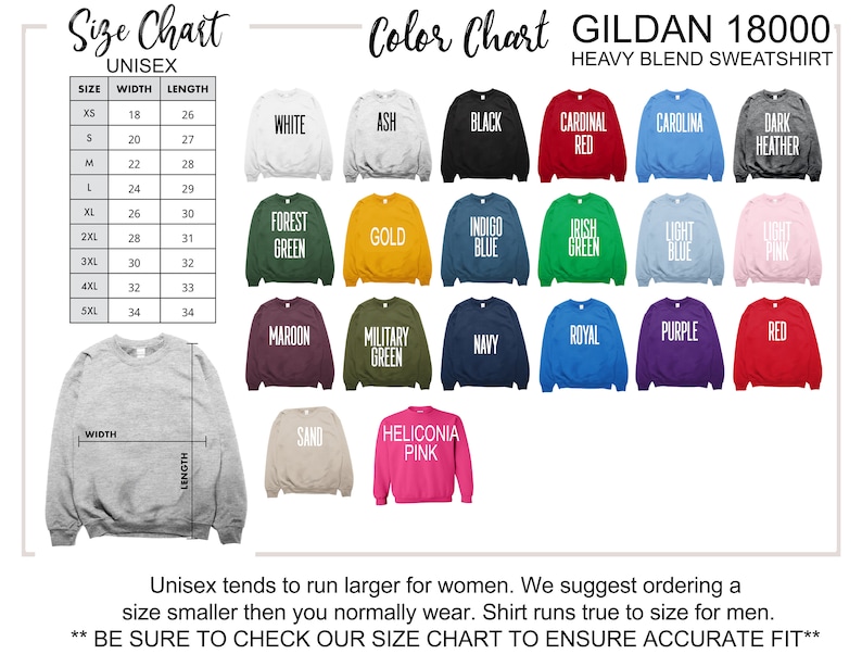 May include: Size chart for Gildan 18000 Heavy Blend Sweatshirt, a unisex sweatshirt available in a variety of colors, including white, ash, black, cardinal red, carolina blue, dark heather, forest green, gold, indigo blue, Irish green, light blue, light pink, maroon, military green, navy, royal blue, purple, red, sand, and heliconia pink. The chart shows the width and length measurements in inches for sizes XS to 5XL.