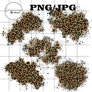 May include: Digital design featuring five leopard print blotches with black splatters on a white grid background. The text "PNG/JPG" is at the top, and the "Gingersnap Designs" logo is in the upper left corner.
