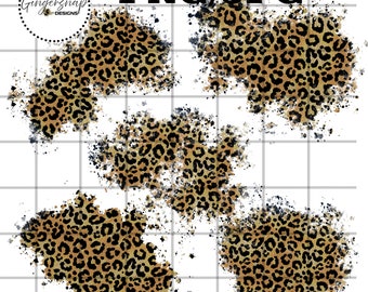 May include: Digital design featuring five leopard print blotches with black splatters on a white grid background. The text "PNG/JPG" is at the top, and the "Gingersnap Designs" logo is in the upper left corner.