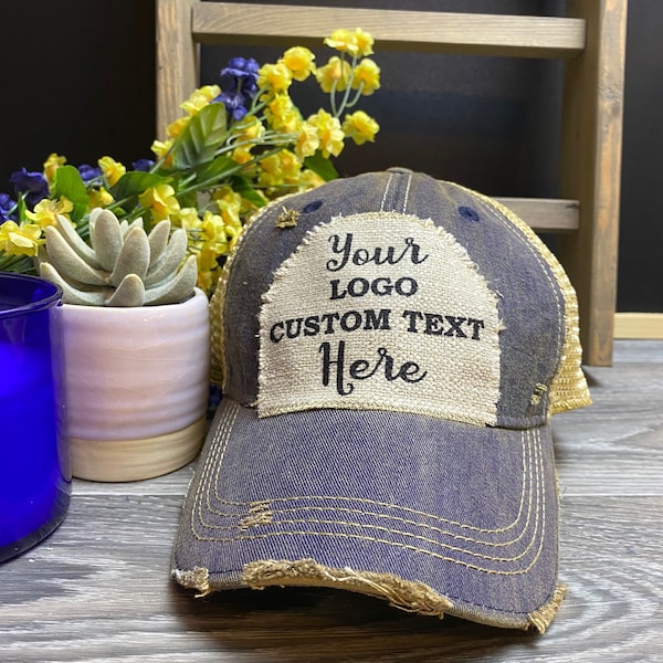 Custom Hat, Distressed Hat, Unisex trucker Cap, Vintage Cap, Weathered Cap, Custom Logo Cap, Raggedy Patch Hat, Logo Cap, Headmost brand
