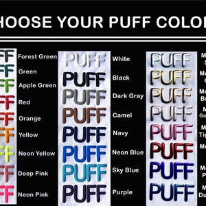 May include: A chart showing different color options for a puff fabric. The colors include forest green, green, apple green, red, orange, yellow, neon yellow, deep pink, neon pink, white, black, dark gray, camel, navy, neon blue, sky blue, purple, metallic silver, metallic gold, metallic bronze, metallic golden rose, metallic tiger lily, metallic red, metallic purple, and metallic dusk blue.