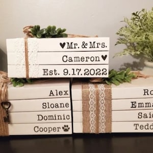 Personalized stamped books farmhouse books custom stacked name book parent Grandparent Mother birthday gift rustic modern bookshelf decor