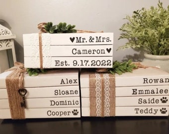 Personalized stamped books farmhouse books custom stacked name book parent Grandparent Mother birthday gift rustic modern bookshelf decor