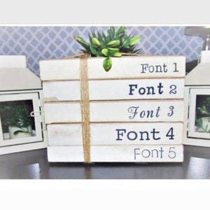Personalized farmhouse name stamped books book stacks with twine white modern farmhouse table decor Mom parents  gift