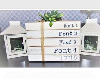 Personalized farmhouse name stamped books book stacks with twine white modern farmhouse table decor Mom parents  gift