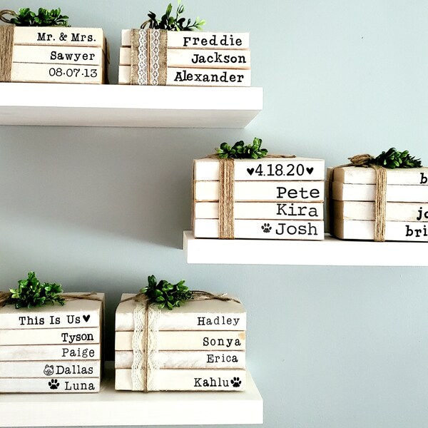 i com books name Personalized stamped books farmhouse books custom stacked name book parent Grandparent Mother's Day gift rustic modern bookshelf decor