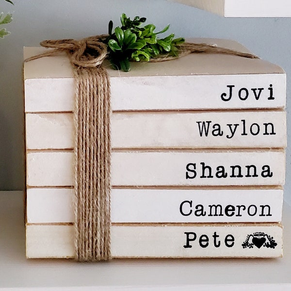 Personalized stamped books farmhouse books custom stacked books name on spine books wedding anniversary parent gift hand stamped book rustic