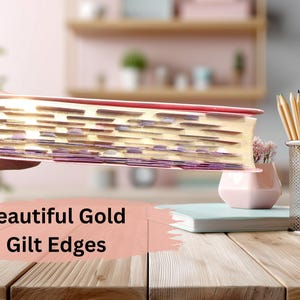Pu&ograve; includere: Un libro rosa con bordi dorati e numerosi segnapagina viola che sporgono dal lato. Il testo "Beautiful Gold Gilt Edges" &egrave; stampato in nero su uno sfondo rosa che copre la parte inferiore dell'immagine.