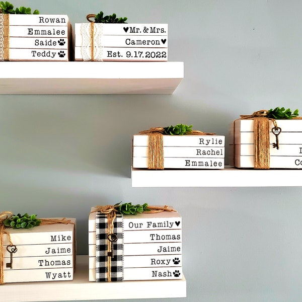 farmhouse books, personalized stamped custom stacked books, typewriter font, wedding parent Mom  gift, key, rustic modern decor