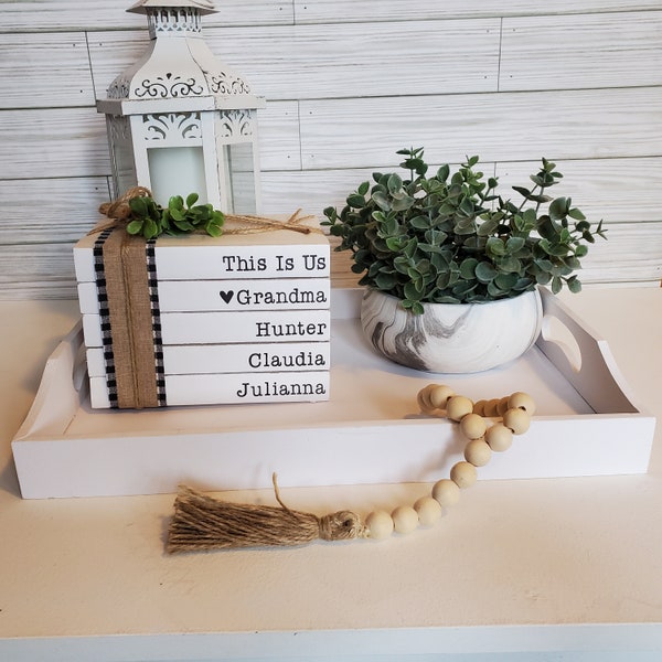 Personalized family decor bookstacks with first names on side for modern Farmhouse table mantel shelf accent