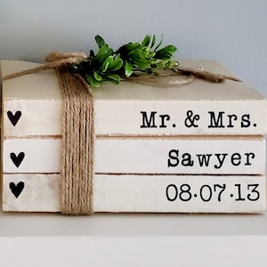 Personalized wedding gift Mr and Mrs book stack with established date for bride and groom centerpieces engagement bridal shower hand stamped