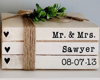 Personalized wedding gift Mr and Mrs book stack with established date for bride and groom centerpieces engagement bridal shower hand stamped