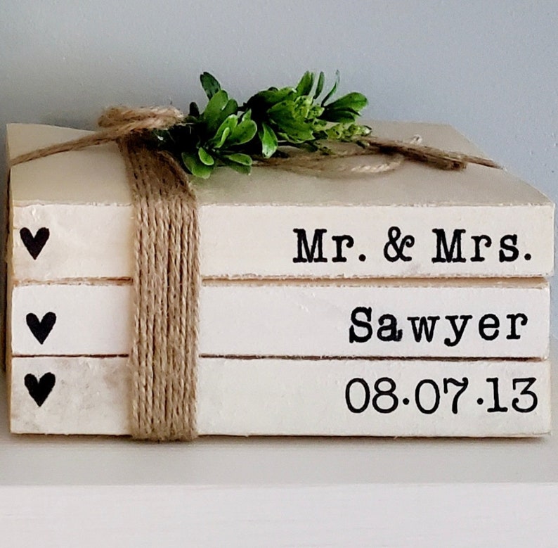 Personalized wedding gift Mr and Mrs book stack with established date for bride and groom centerpieces engagement bridal shower hand stamped