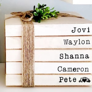 Personalized stamped books farmhouse books custom stacked books name on spine books wedding anniversary parent gift hand stamped book rustic