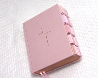 Personalized engraved pink NIV study bible with tabs and rose gold edging Christian gift
