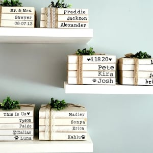 Personalized stamped books farmhouse books custom stacked name books grandmother mom Christmas birthday gift rustic modern decor