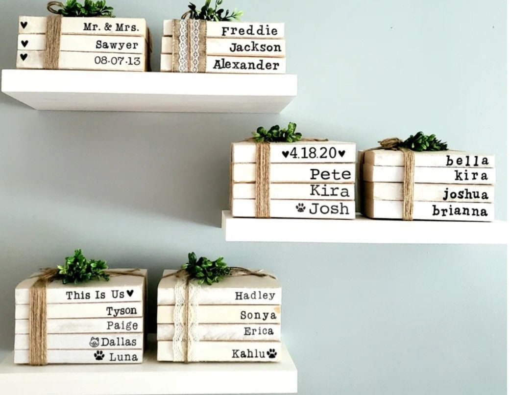 Personalized stamped books farmhouse books custom stacked name books grandmother mom Christmas birthday gift rustic modern decor
