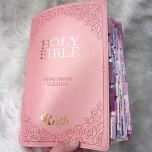 Personalized with name on cover large print pink KJV bible with 66 bible book tabs installed and free shipping