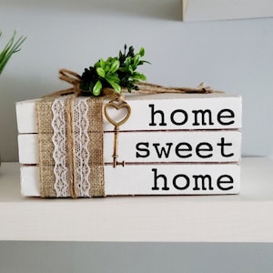 home sweet home stamped farmhouse books large font w/ key decor