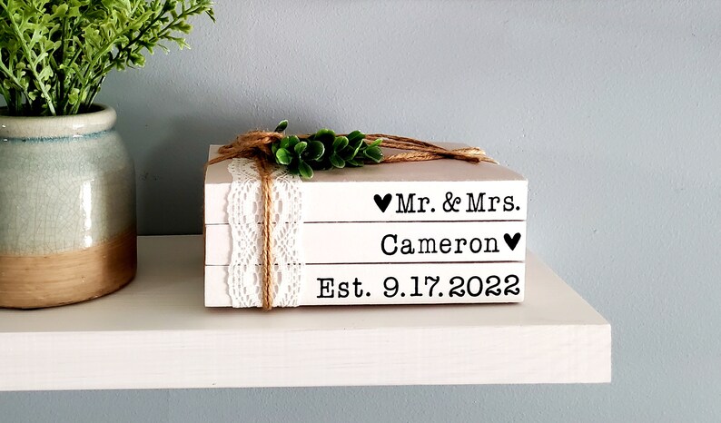 Personalized wedding gift Mr and Mrs book stack with established date for bride and groom centerpieces engagement bridal shower hand stamped