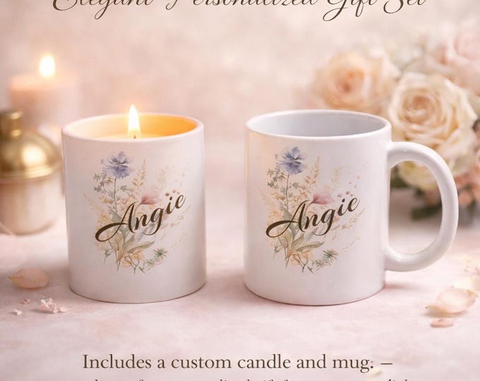 Candles | Personalized Soy Wax Candle & Mug Set: Floral Ceramic, Engraved Lid
