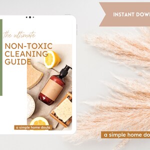 May include: A digital download guide titled "The Ultimate Non-Toxic Cleaning Guide" with a simple home doula logo. The guide cover features a brown bottle with a pump dispenser, a lemon, a bar of soap, and a sponge.