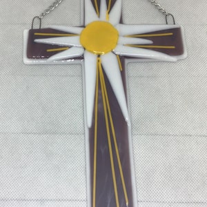 Cross, Morning sunrise fused glass cross  in purple, yellow and white colors