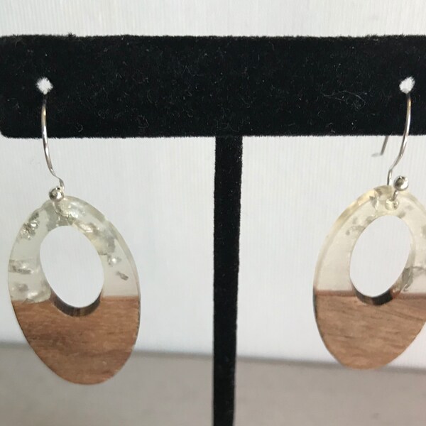 Earrings, Wood & Resin, Wood, Resin, Boho, Cloudy Clear Resin, Silver Foil Specks, Oval Drop, Off Centered cutout circle, Dangle