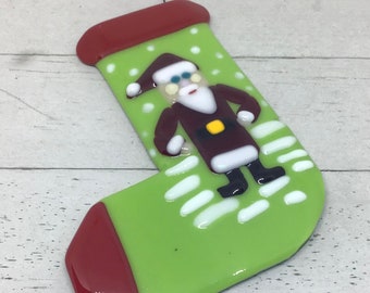 Christmas Ornament, Stocking, Green, Fused Glass, Santa, Fun, Gift, Decoration