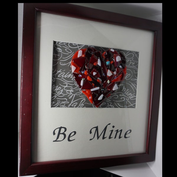 Love Be Mine framed sentiment with fused glass heart