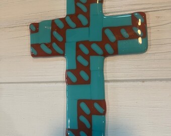 Cross, Fused Glass, turquoise, brown, patterned, fun, unique