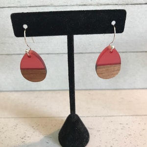 Earrings, Wood & Resin, Wood, Resin, Boho, Clear Cherry Red, Small Teardrop, Drop, Dangle, Lightweight