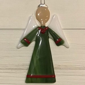 Christmas ornament, Angel, Fused Glass, Green, Fun, Gift, Decoration, iridescent, red embellishments