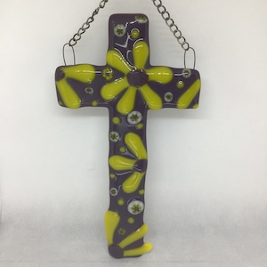 Cross, flowery  fused glass cross  in purple, yellow and white colors