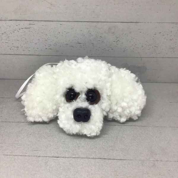 Fluffy yarn dog face, poodle, doodle, white, big brown eyes