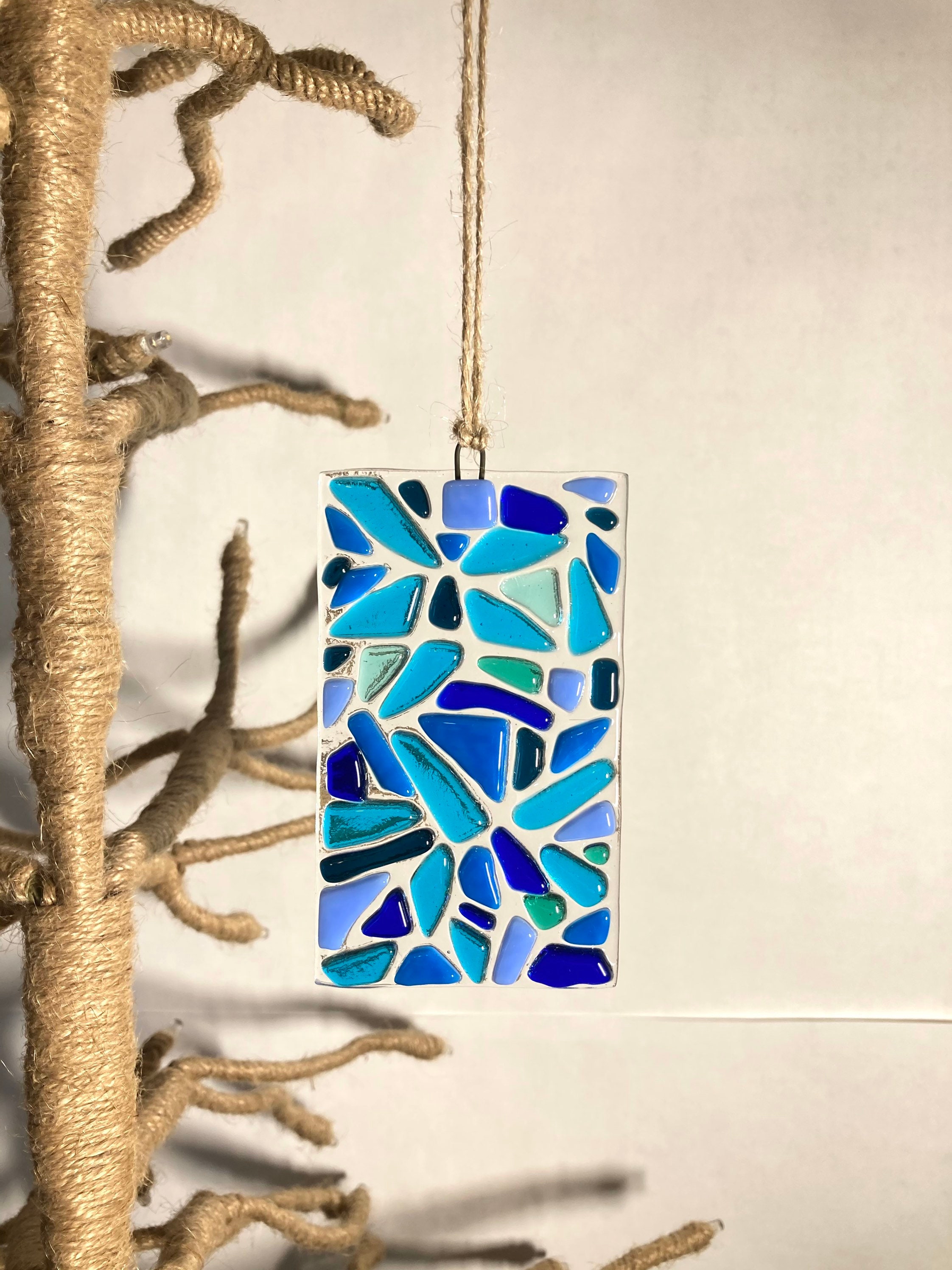Blue mosaic fused glass suncatcher hanging decoration handmade Etsy