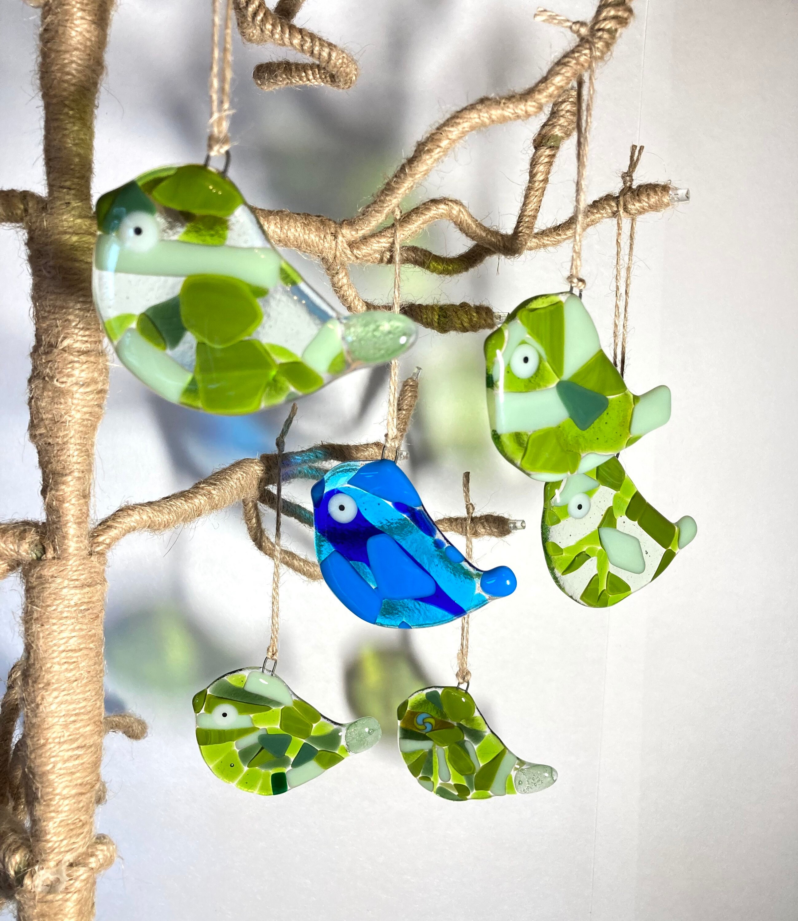 Fused Glass Green or Blue Garden Birds Mosaic Birds Hanging Etsy UK