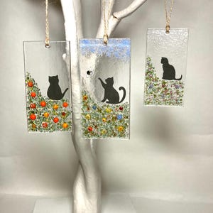 Fused Glass Black Cat Suncatcher: Floral Light Catcher, flowers and cat, cat lover, Pet Memorial