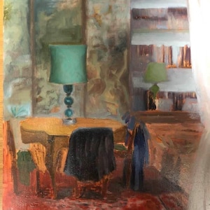 May include: An oil painting of an interior scene featuring a table, chairs, and lamps. A teal lamp is on a round table, and a black cloth covers a chair. The room has a red rug and a window with a white curtain.