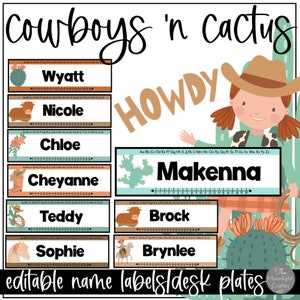 Cowboys e Cactus Etichette con nomi di classe a tema occidentale / piatti da scrivania