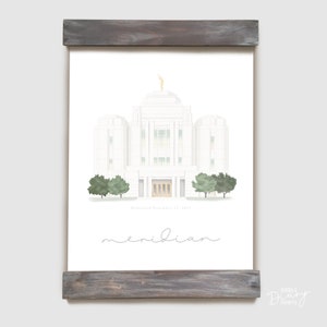 May include: A white temple with a gold spire, surrounded by green trees. The temple is labeled "Meridian" and "Dedicated November 19, 2017".