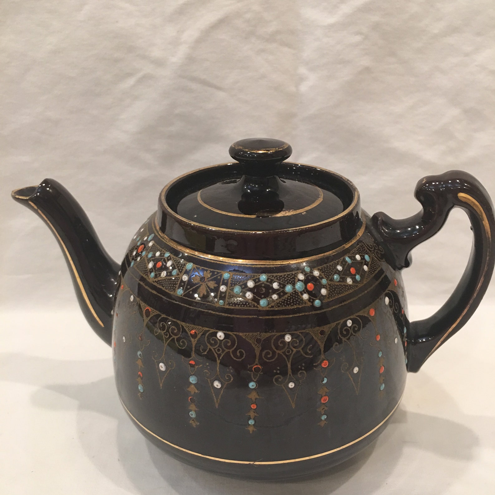 Vintage Brown Betty Clay Rockingham Glaze Teapot Hand Painted Etsy
