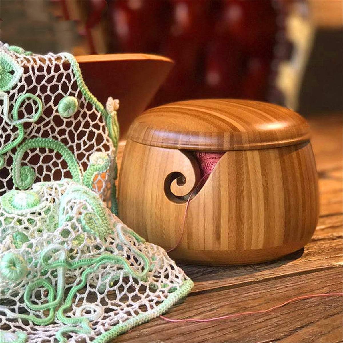 Personalised Large Bamboo Yarn Bowl Storage Knitting Bowl Wool Holder With  Removable High Lid Holes Yarn Bowl Storage Name on the LID Gift 