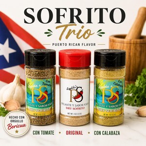 May include: Three spice jars labeled "Sofrito Trio" with "Puerto Rican Flavor". The jars are labeled "Con Tomate", "Original", and "Con Calabaza". The image includes the Puerto Rican flag and text "Hecho con Orgullo Boricua".
