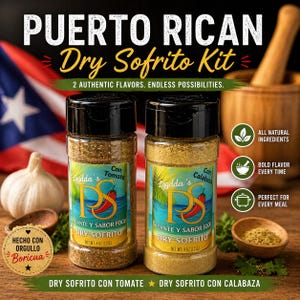 May include: Two bottles of Puerto Rican Dry Sofrito Kit, one with tomato and the other with calabaza. The labels feature a chili pepper design. The background includes the Puerto Rican flag, garlic, and a wooden mortar and pestle.