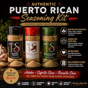 May include: An Authentic Puerto Rican Seasoning Kit with three essential flavors: Adobo, Sofrito Seco, and Recaito Seco. Each 4 oz (113g) jar has a unique label and lid color. The kit includes all-natural ingredients and no artificial flavors.