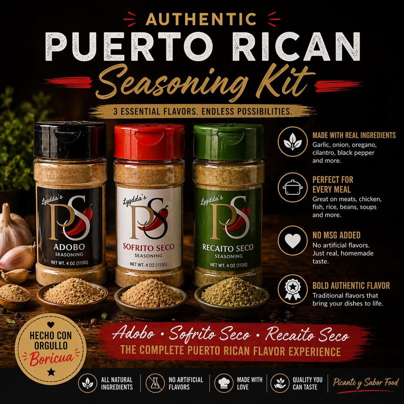 May include: An Authentic Puerto Rican Seasoning Kit with three essential flavors: Adobo, Sofrito Seco, and Recaito Seco. Each 4 oz (113g) jar has a unique label and lid color. The kit includes all-natural ingredients and no artificial flavors.